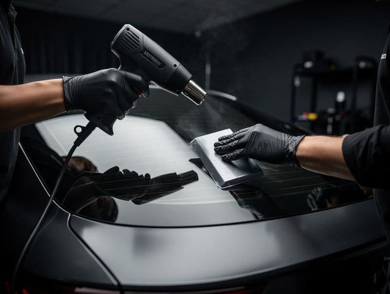Θερμική διαμόρφωση μεμβράνης με πιστόλι θερμού αέρα στο πίσω παρμπρίζ