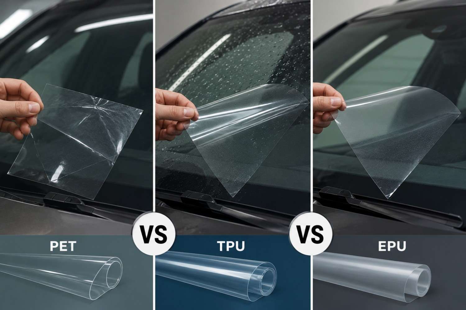 PET vs TPU vs EPU Windshield Protection Film